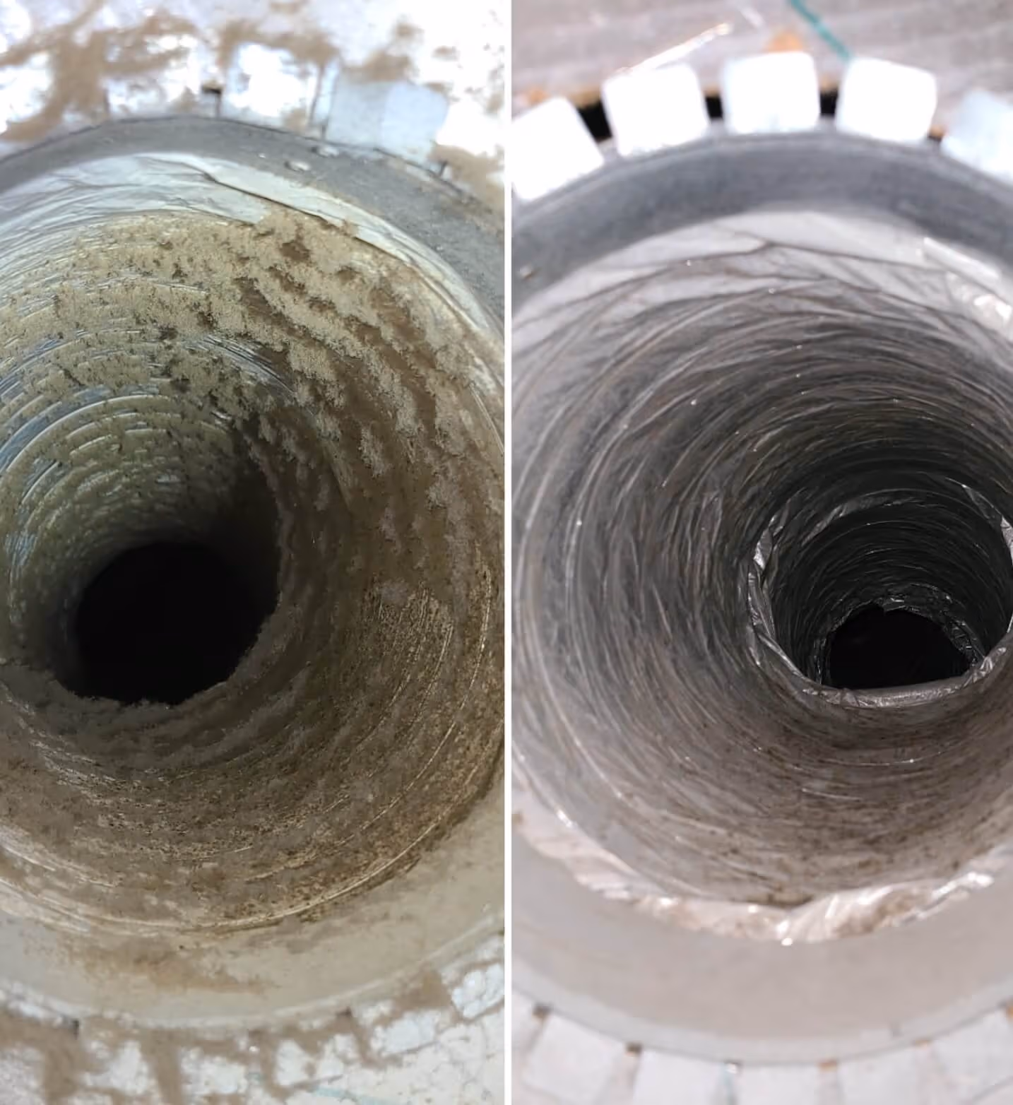 Side-by-side comparison of a duct interior, showing a dirty duct on the left and a clean duct on the right.
