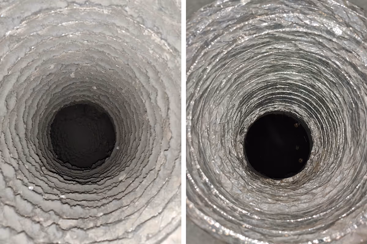 Side-by-side comparison of a dusty, dirty air duct on the left and a clean, shiny air duct on the right.