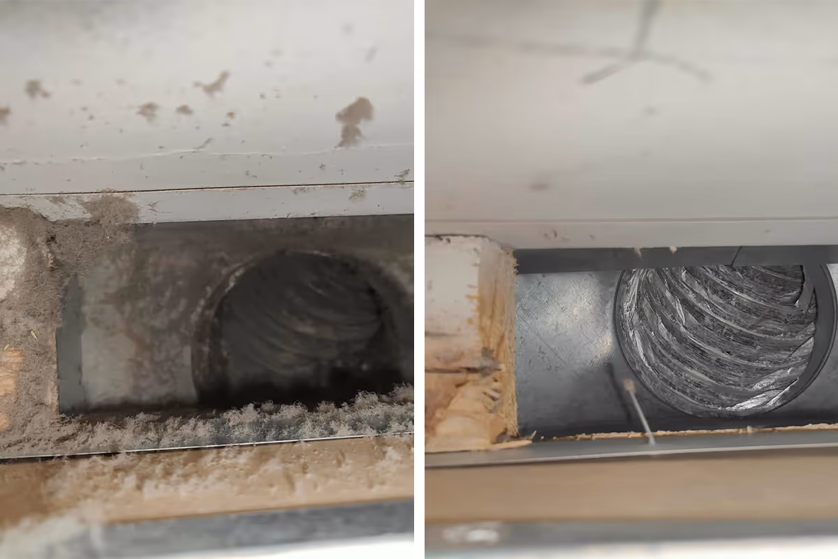 Side-by-side comparison of a dirty, dust-covered air duct vent before and after cleaning.