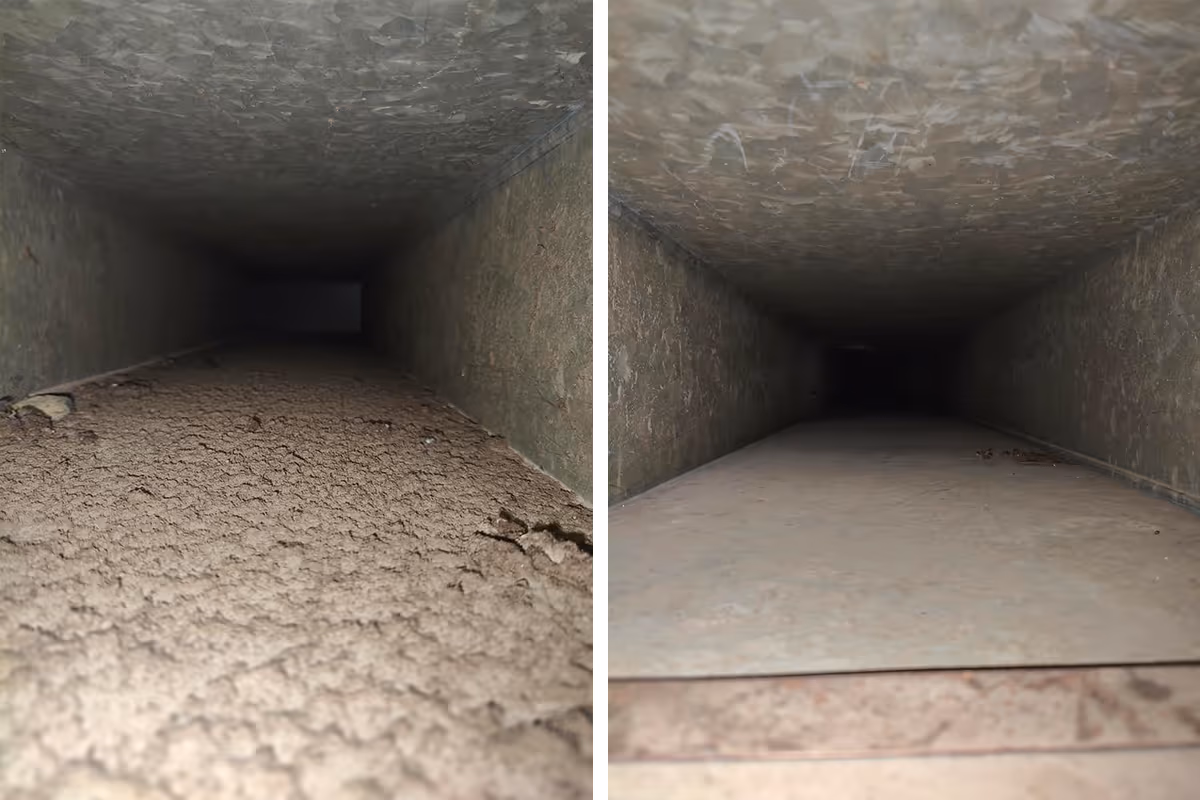 Side-by-side comparison of a dirty, dust-covered ventilation duct on the left and a clean, dust-free ventilation duct on the right.