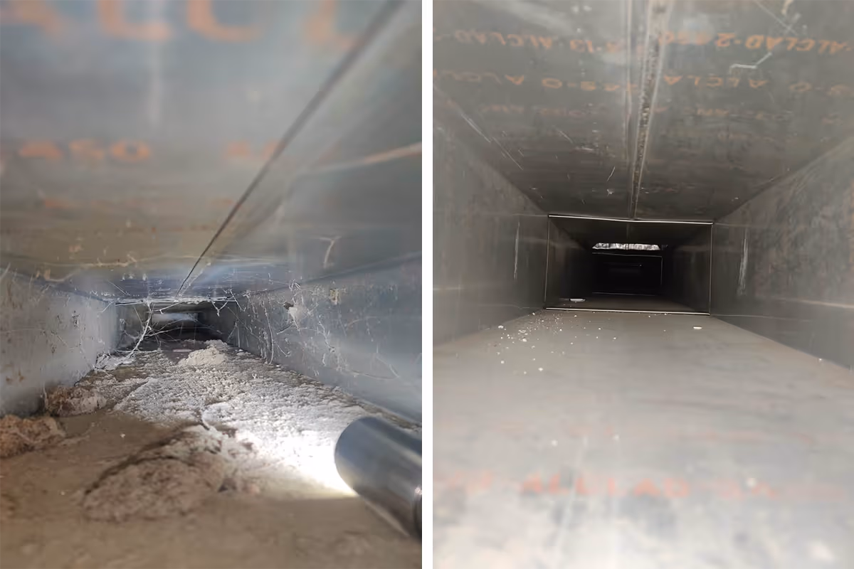 Side-by-side comparison of the inside of an air duct before and after cleaning; the left side shows a dirty duct with dust and cobwebs, the right side shows a clean duct interior.