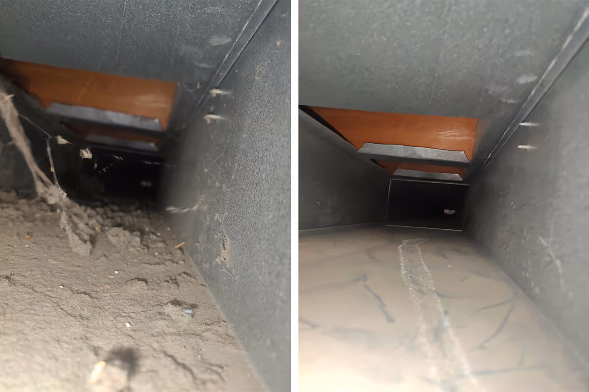 Side-by-side view inside a rectangular duct showing a dusty, dirty interior on the left and a clean interior on the right.