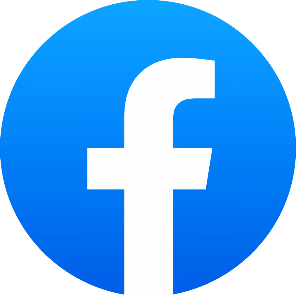 Facebook logo with a white lowercase 'f' on a blue circular background.