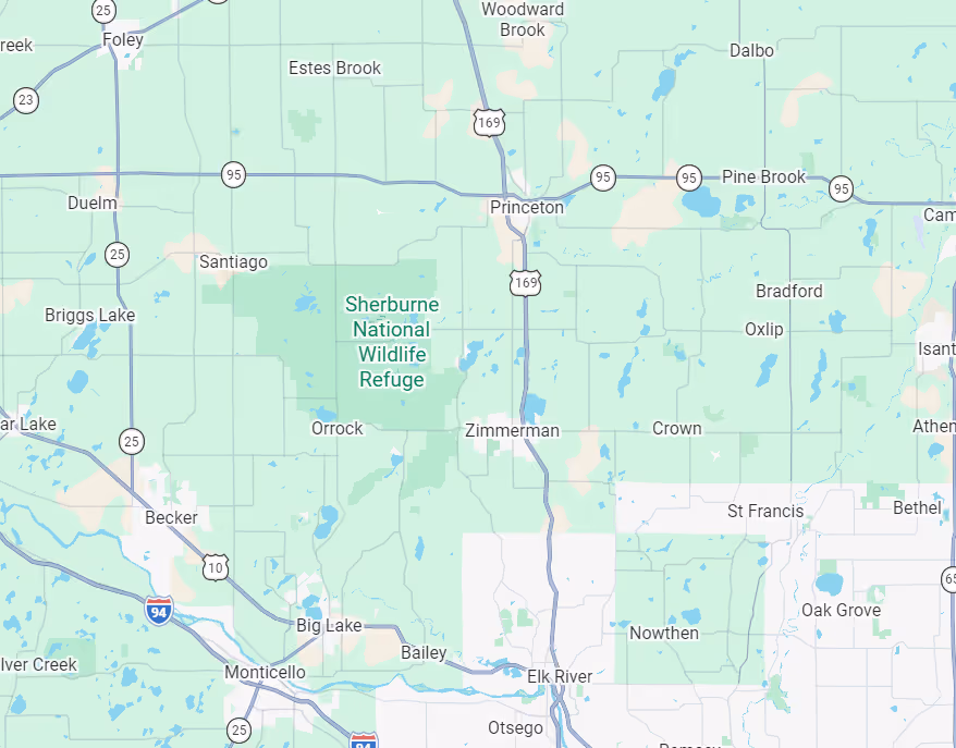 Map showing Sherburne National Wildlife Refuge in Minnesota with nearby towns including Princeton, Zimmerman, Elk River, and Monticello, and highways 169, 95, 25, and I-94.